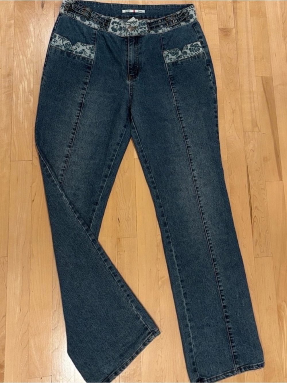 Vintage Adolfo Straight Leg Jeans with Double Buckle & Hawaiian Floral Trim